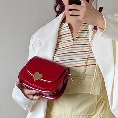 Red Patent Leather Heart Messenger Bag Retro Small Shoulder Chain Saddle Bag
