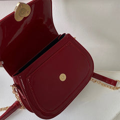 Red Patent Leather Heart Messenger Bag Retro Small Shoulder Chain Saddle Bag