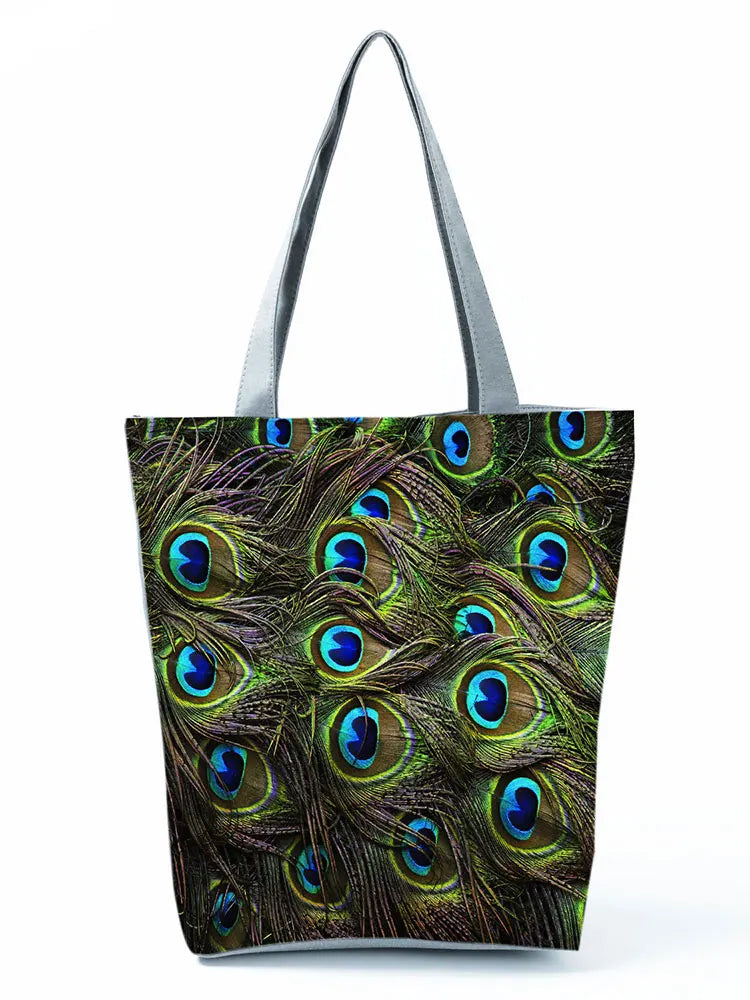Peacock Feather Printed Foldable Green Shoulder Bag