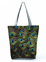 Peacock Feather Printed Foldable Green Shoulder Bag