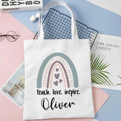 Personalised Rainbow Teacher Shoulder Bag Name Women Canvas Shopping Bag Eco
