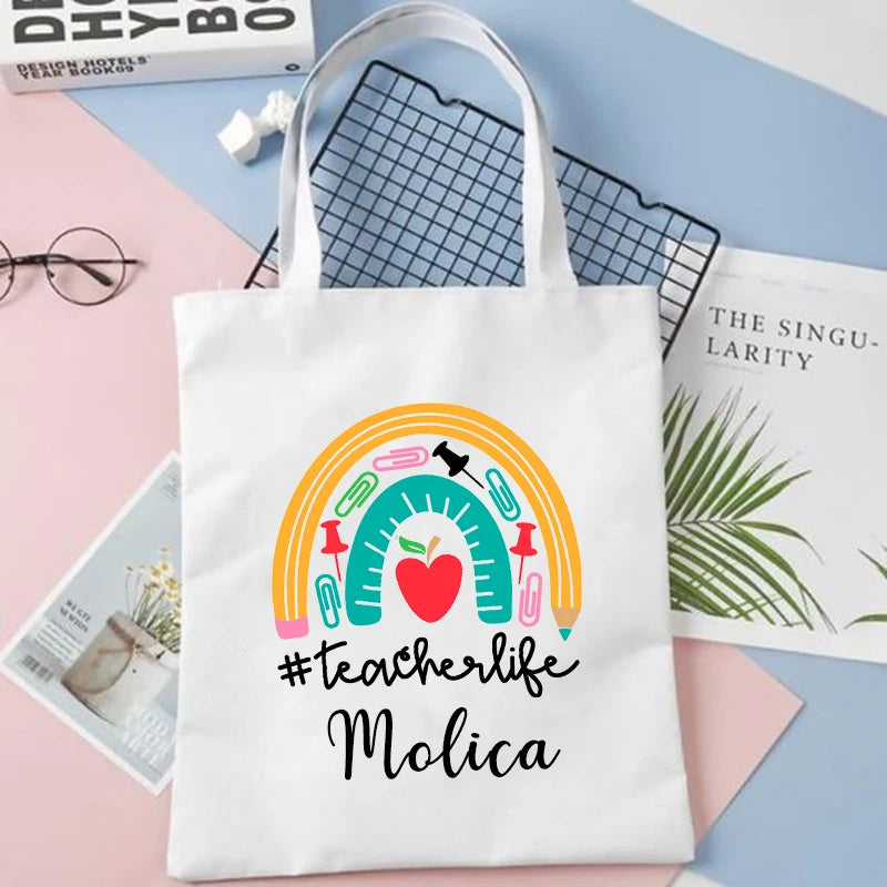 Personalised Rainbow Teacher Shoulder Bag Name Women Canvas Shopping Bag Eco