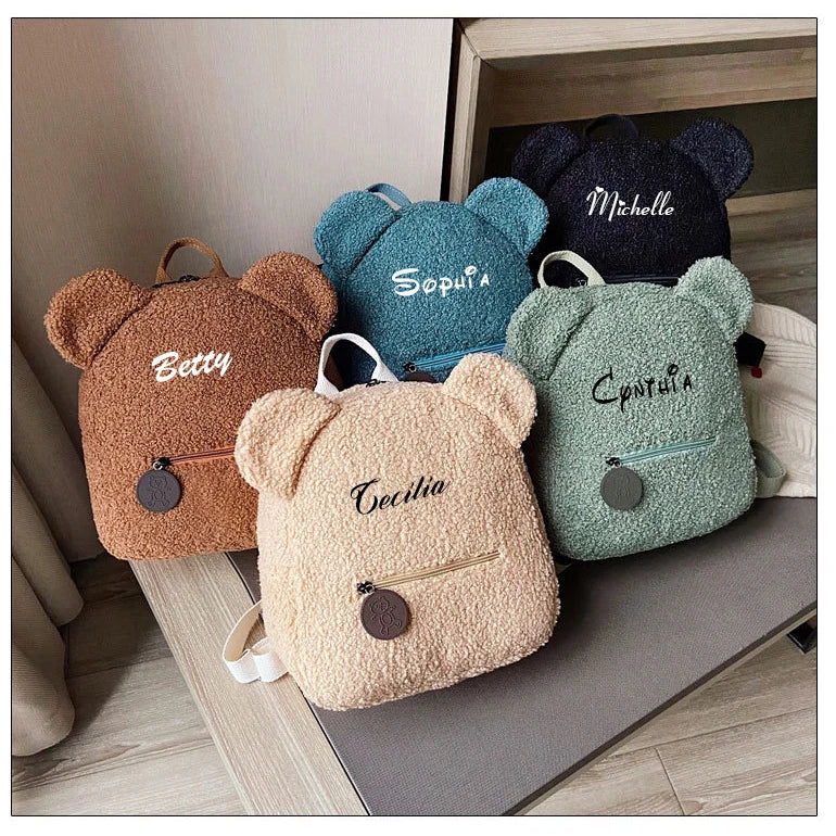 Personalised Bear Pattern Plush Backpack for Girls