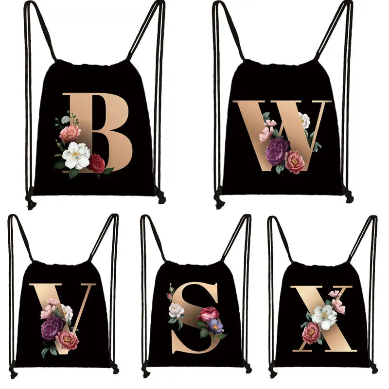 Harajuku 26 Letter Flower Backpack Ladies Drawstring Bag