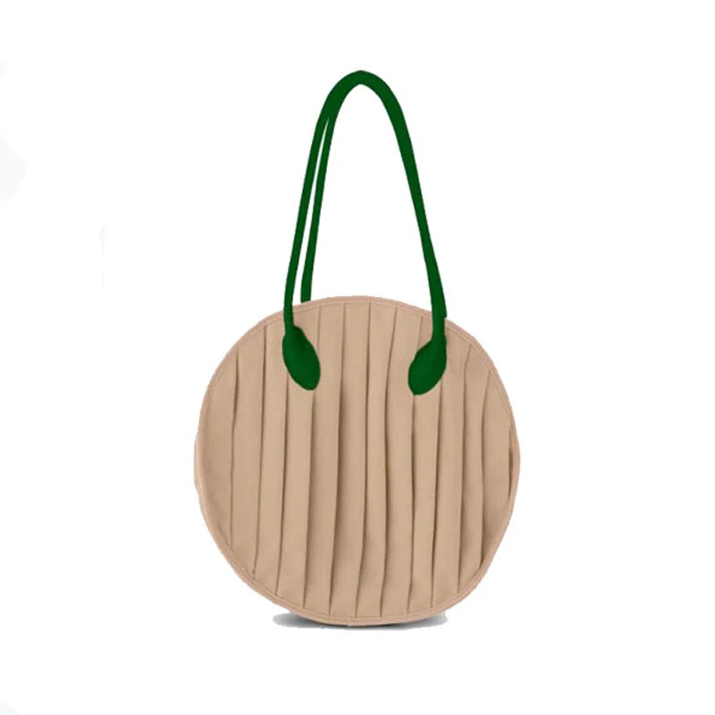 Round Shape Canvas Tote Bag for Women Pleated Shopper Handbags