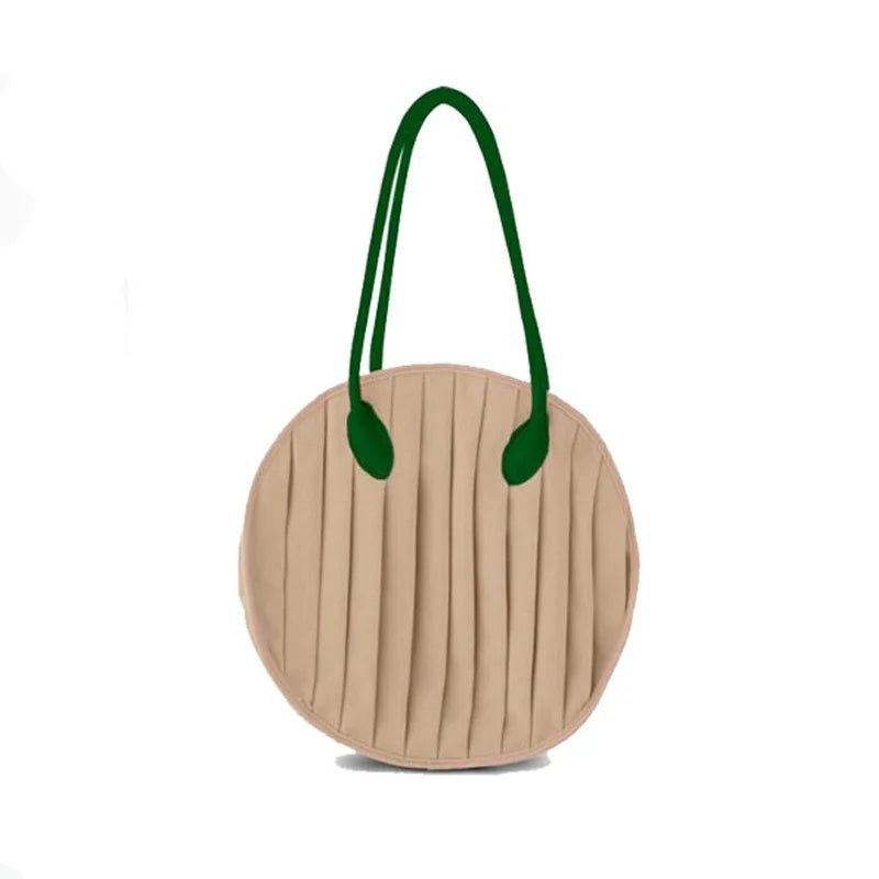 Round Shape Canvas Tote Bag for Women Pleated Shopper Handbags