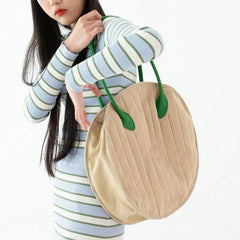 Round Shape Canvas Tote Bag for Women Pleated Shopper Handbags