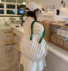 Round Shape Canvas Tote Bag for Women Pleated Shopper Handbags