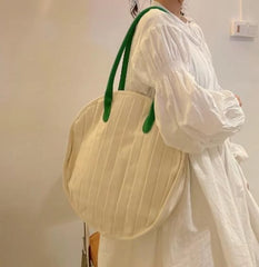 Round Shape Canvas Tote Bag for Women Pleated Shopper Handbags