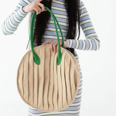 Round Shape Canvas Tote Bag for Women Pleated Shopper Handbags