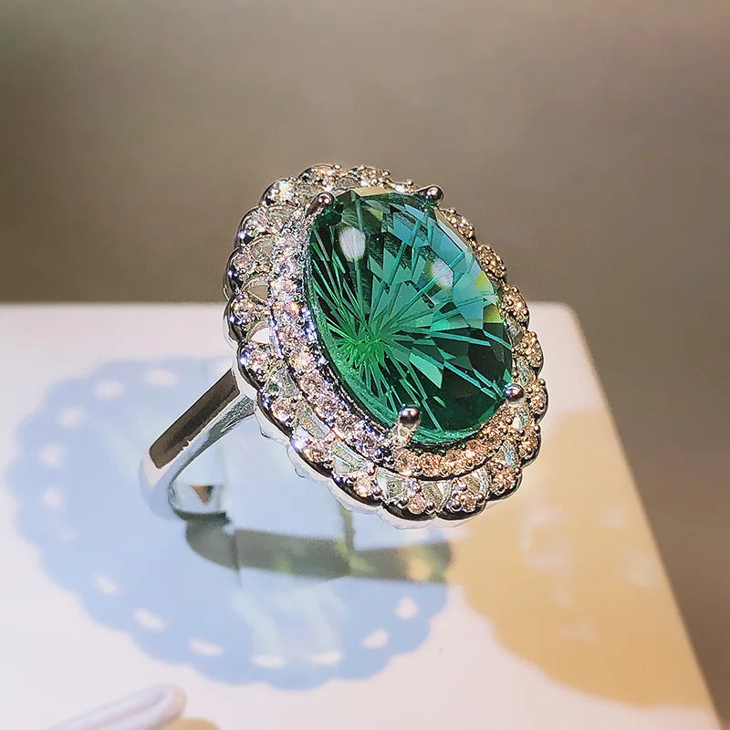 Oval Firework Craft 925 Silver Emerald Ring Party Travel Wedding