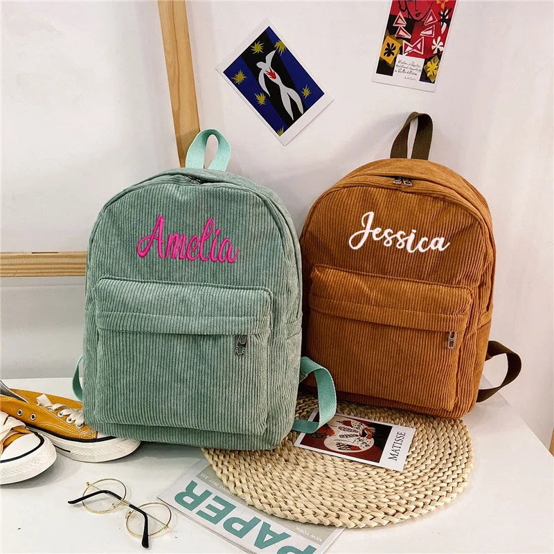 Custom Embroidered Corduroy Travel Bag Student Backpack