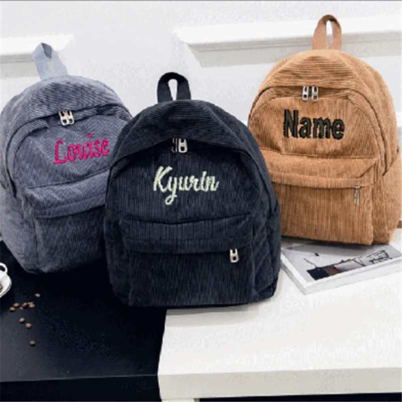 Personalized Embroidered Corduroy Travel Bag Student Backpack
