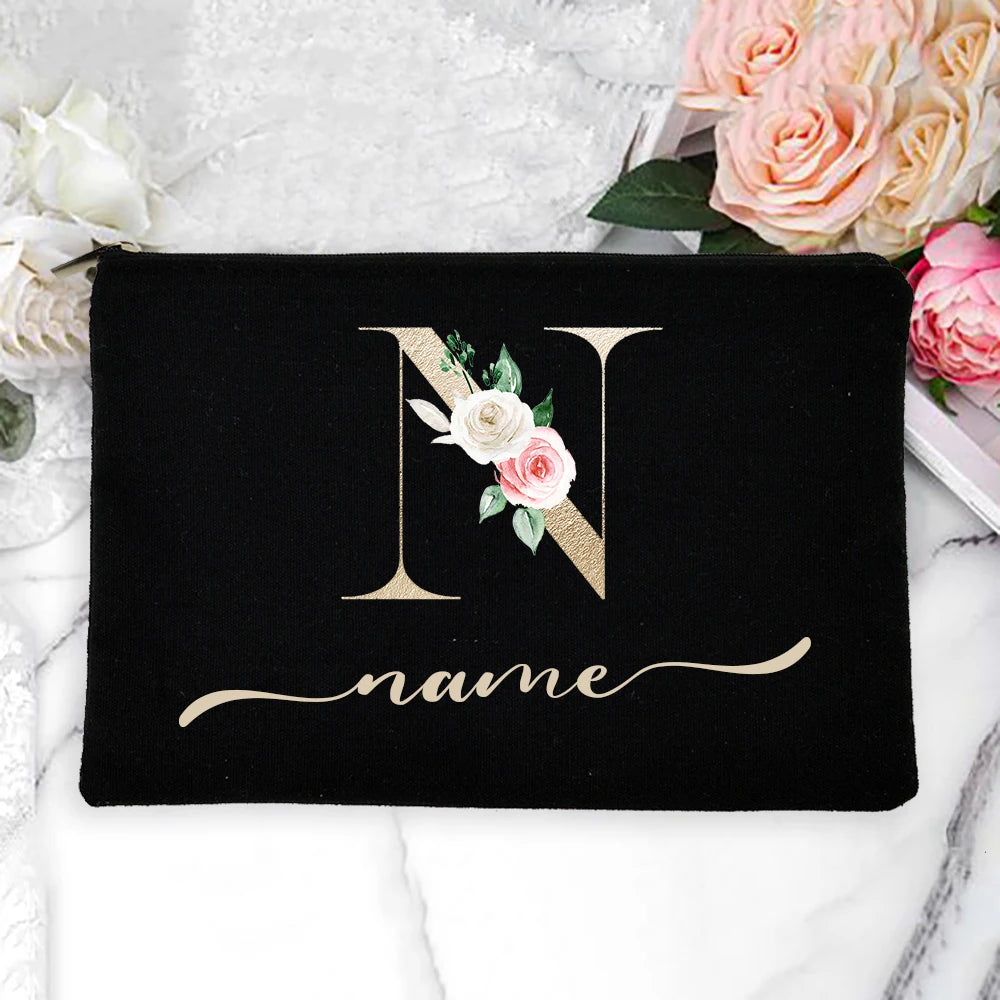 Personalized Name Women Makeup Bag Alphabet Flowers Canvas Cosmetic Cases