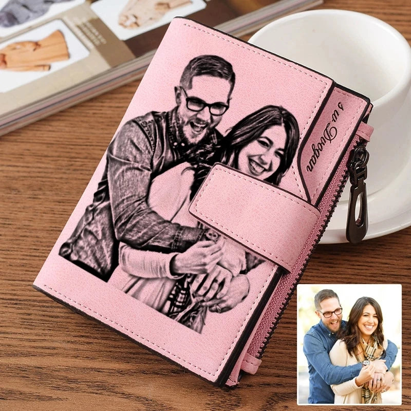 Personalized Engraved Picture Wallet for Women PU Leather Short Trifold Gift