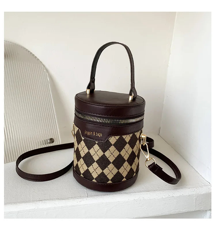 Rhombus Patchwork Bucket Bag Casual Crossbody Cylinder Bag