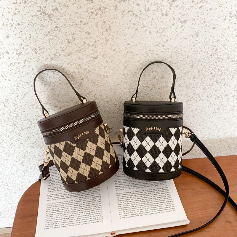 Rhombus Patchwork Bucket Bag Casual Crossbody Cylinder Bag