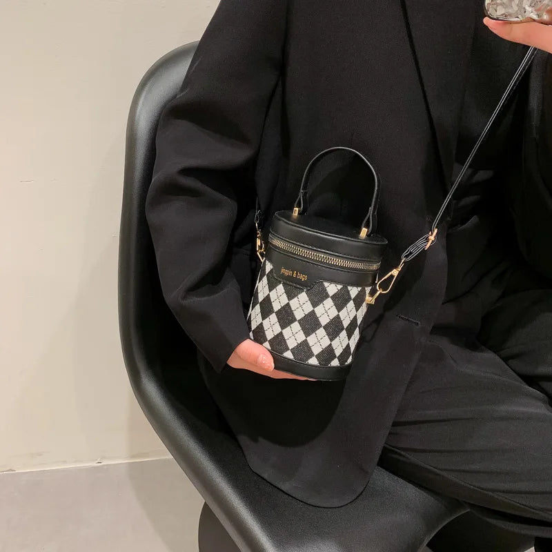 Rhombus Patchwork Bucket Bag Casual Crossbody Cylinder Bag