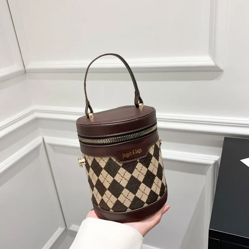 Rhombus Patchwork Bucket Bag Casual Crossbody Cylinder Bag