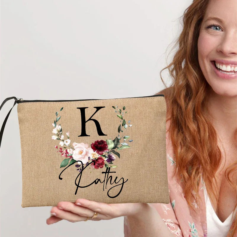 Personalized Name Makeup Bag Women Neceser Linen Pouch