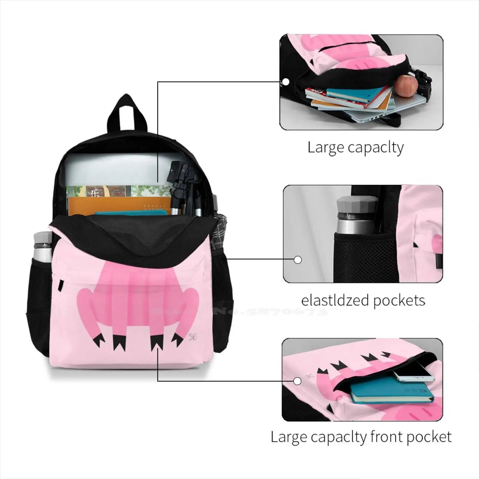Piggy Large Capacity Backpack Laptop Travel Bags Pig Piggy Pink Animal