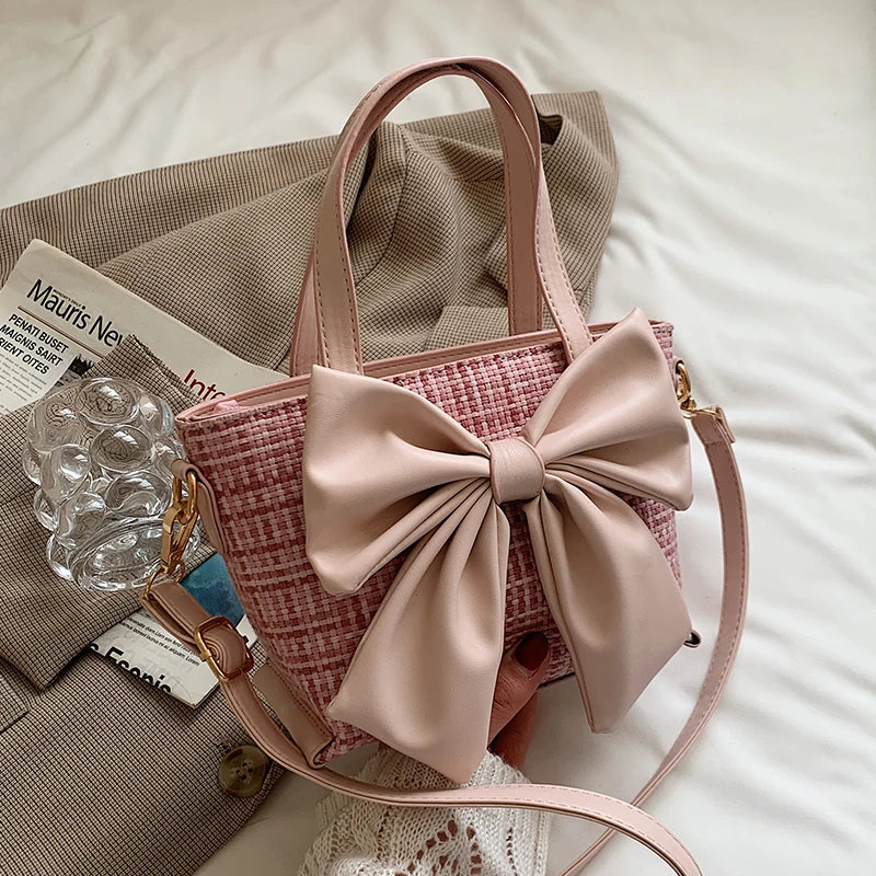 Pink Big Bow Tote Bag High-quality PU Leather Women's Handbag