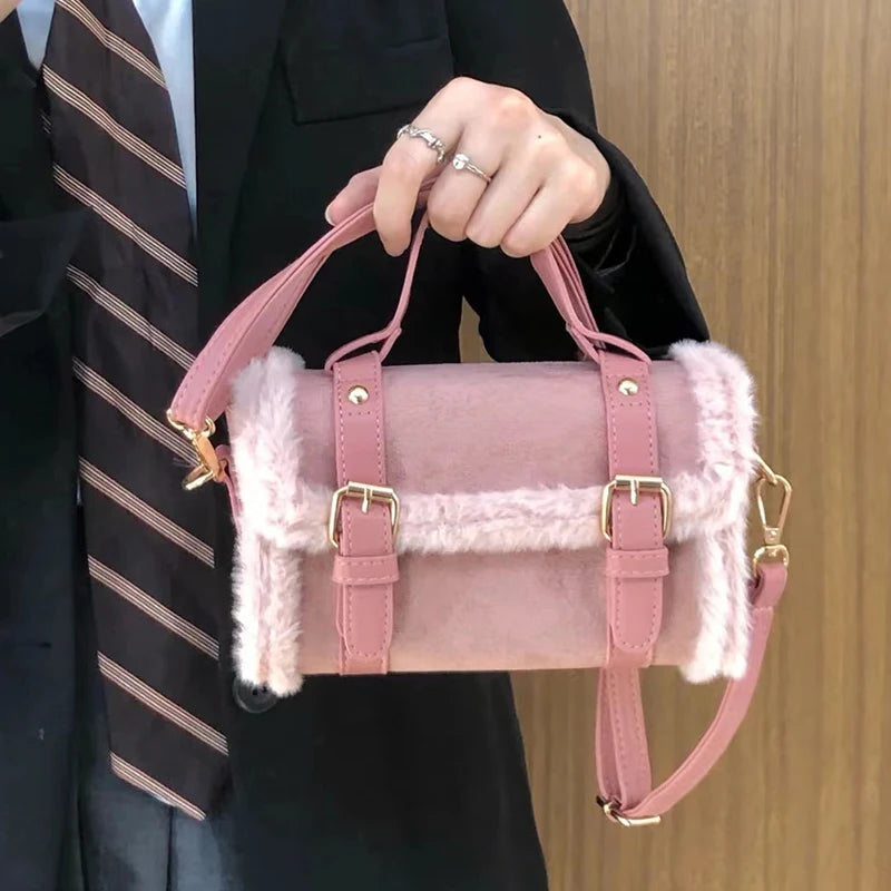 Pink/Brown PU Leather Handbags Women Shoulder Bags Plush Tote