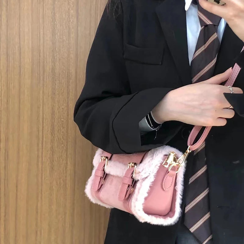 Pink/Brown PU Leather Handbags Women Shoulder Bags Plush Tote