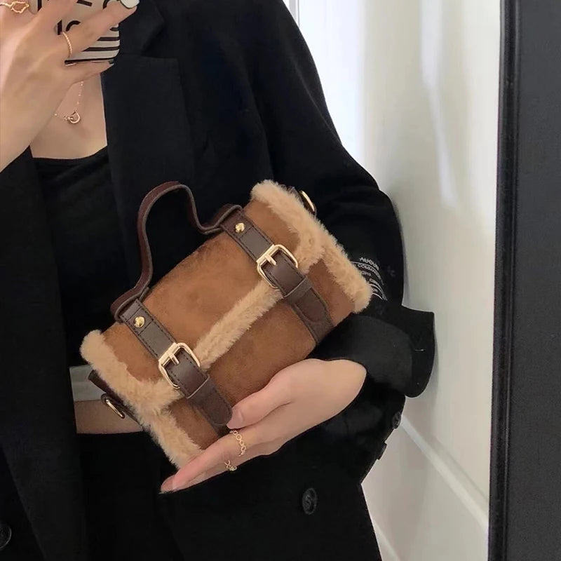 Pink/Brown PU Leather Handbags Women Shoulder Bags Plush Tote