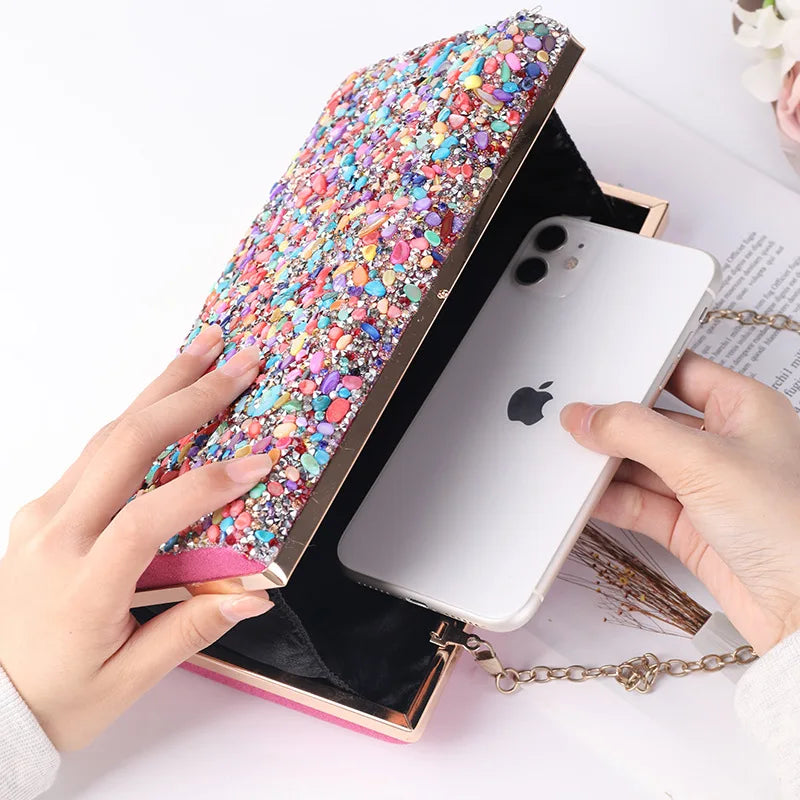 Pink Clutch Purse Women Cross Bag Handbags Stone Wedding Shoulder Tote