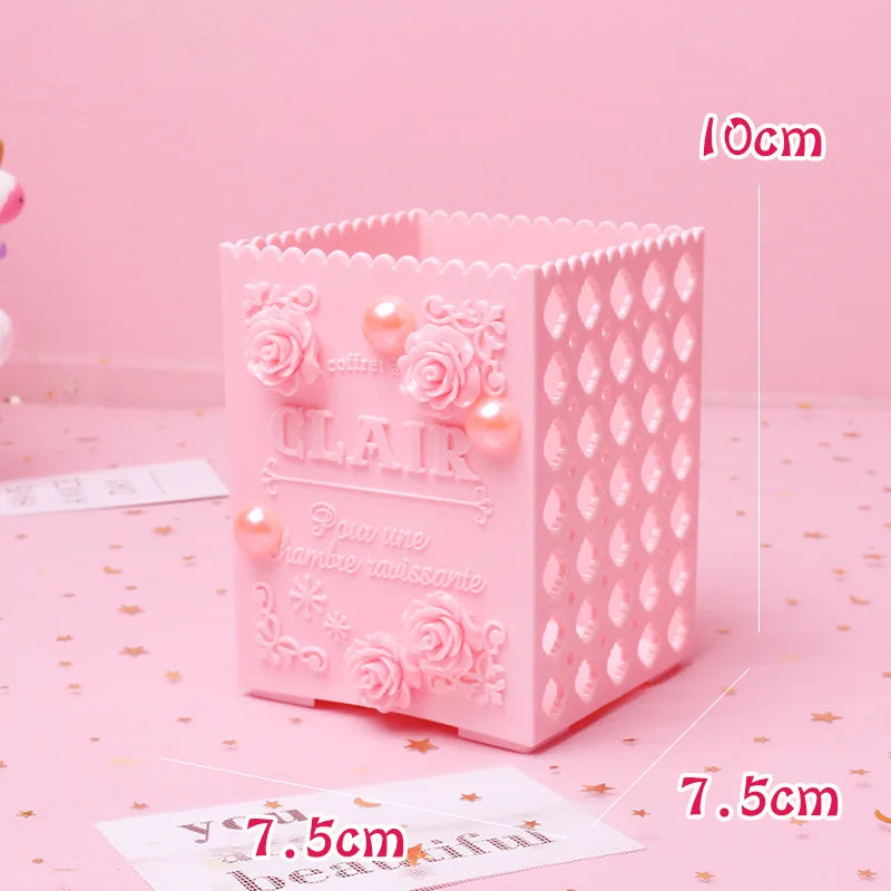 Pink Rose Flower Makeup Box Organizer Student Desktop Storage Bucket