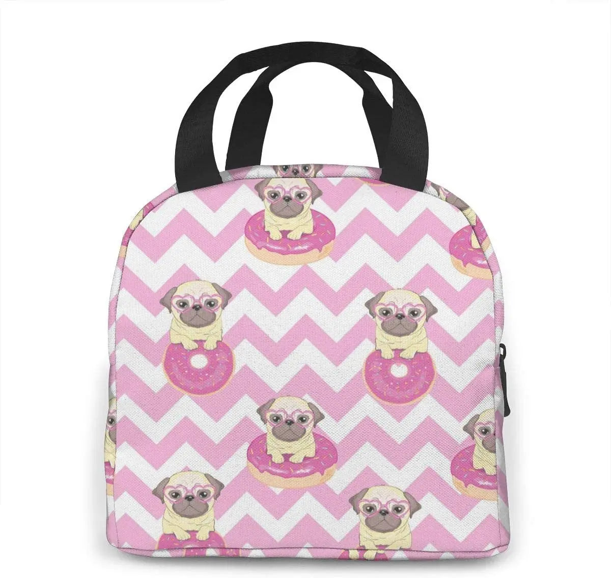 Pink Donut Pug Lunch Box Insulated Meal Bag for School Work