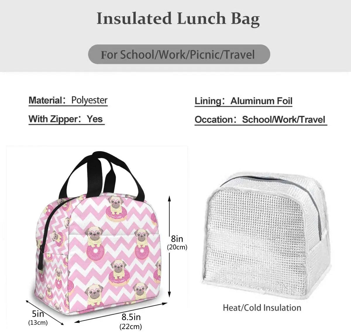 Pink Donut Pug Lunch Box Insulated Meal Bag for School Work