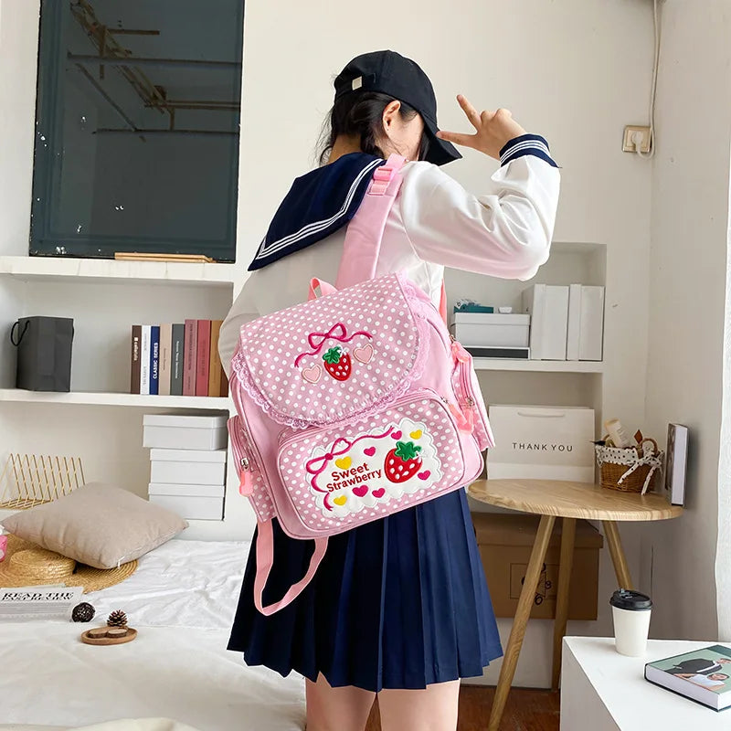 Pink Girl Embroidery Strawberry Schoolbag Student Girls Birthday Gift