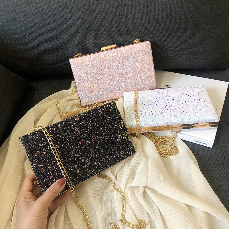 Pink Glitter Leather Clutch Bag Sequin Wedding Shoulder Party Pouch