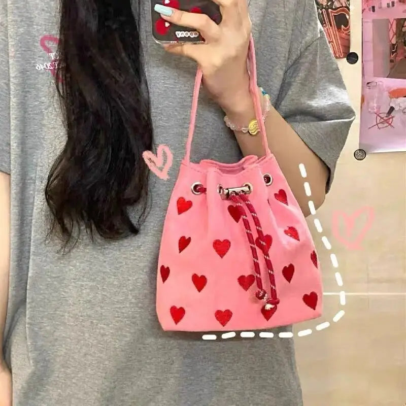 Pink Heart Embroidered Bucket Purse Love Messenger Bag