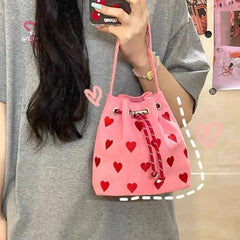 Pink Heart Embroidered Bucket Purse Love Messenger Bag