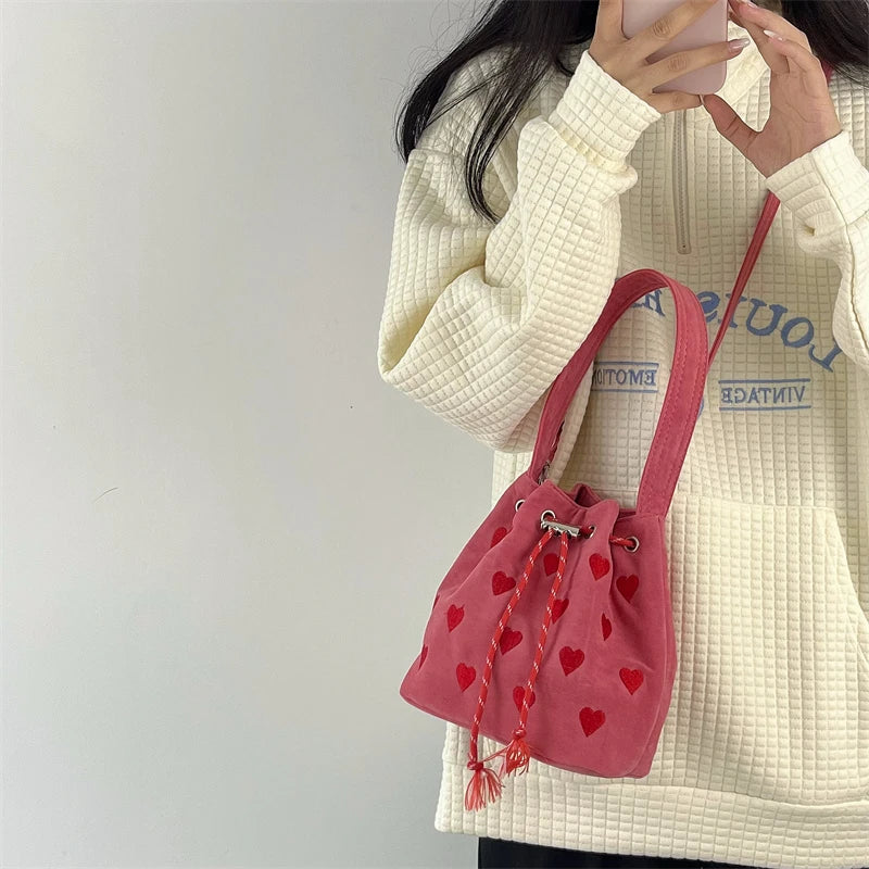 Pink Heart Bucket Purse Handbag Love Women Messenger Bag Drawstring Female Girls