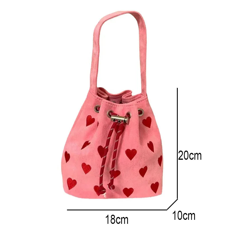 Pink Heart Embroidered Bucket Purse Love Messenger Bag