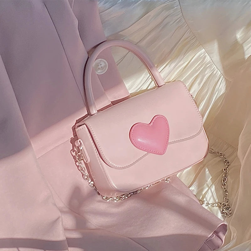 Pink Heart Girly Small Square Shoulder Bag Love Women Tote Purse