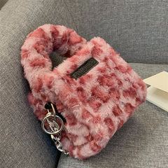 Pink Leopard Women's Plush Shoulder Bag Clutch Purse Faux Fur