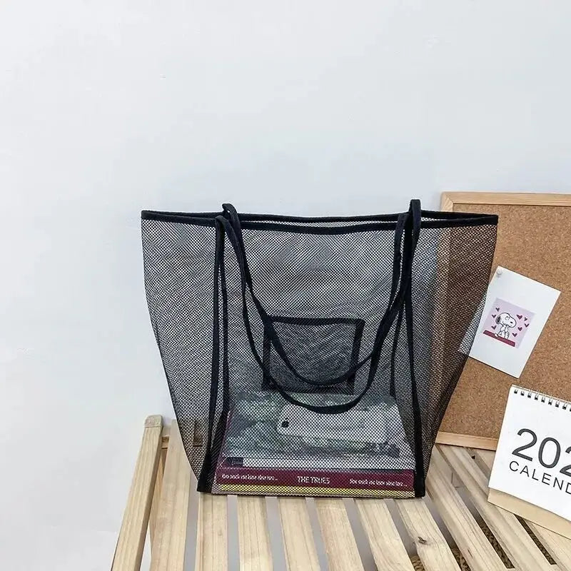 Pink Mesh Shoulder Bag Women Large High Capacity Shopping Handbags