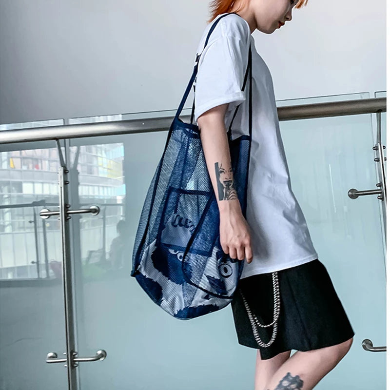 Pink Mesh Shoulder Bag Women Large High Capacity Shopping Handbags