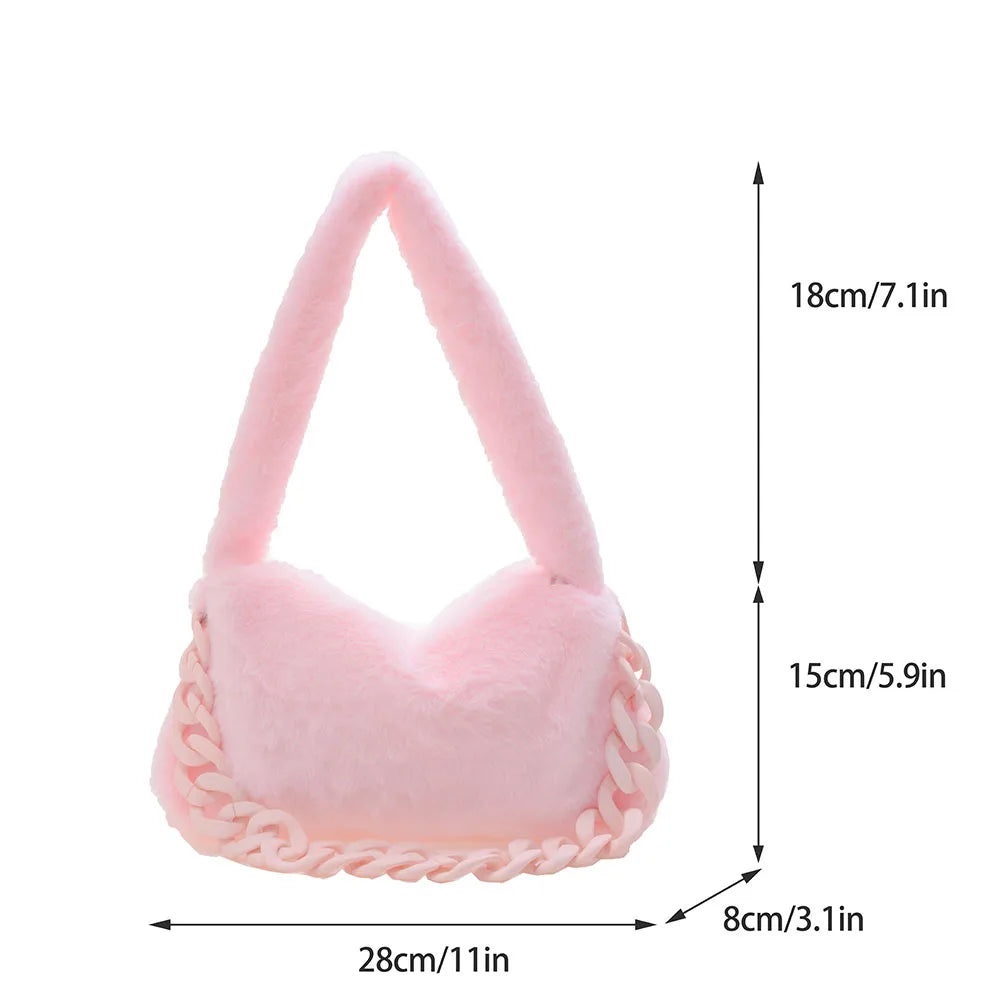 Pink Plush Shoulder Bag Faux Fur Chain Handbag Female Bag