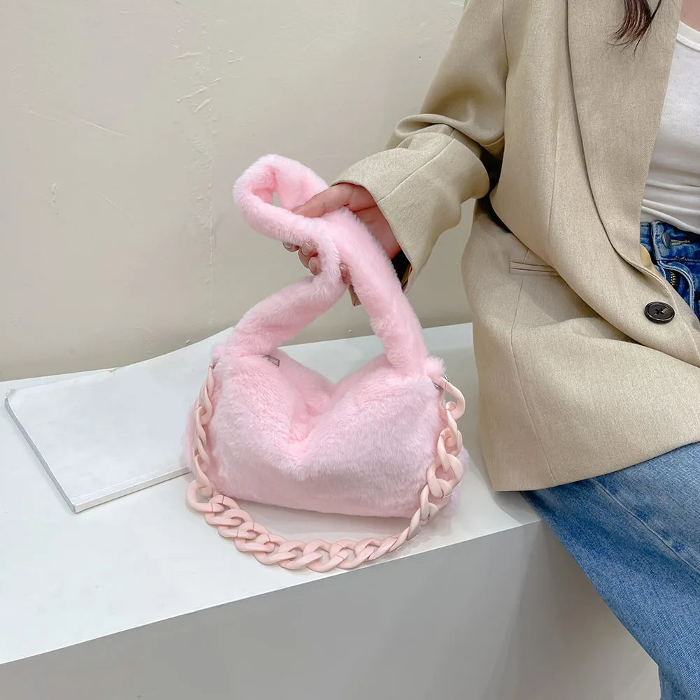 Pink Plush Shoulder Bag Faux Fur Chain Handbag Female Bag