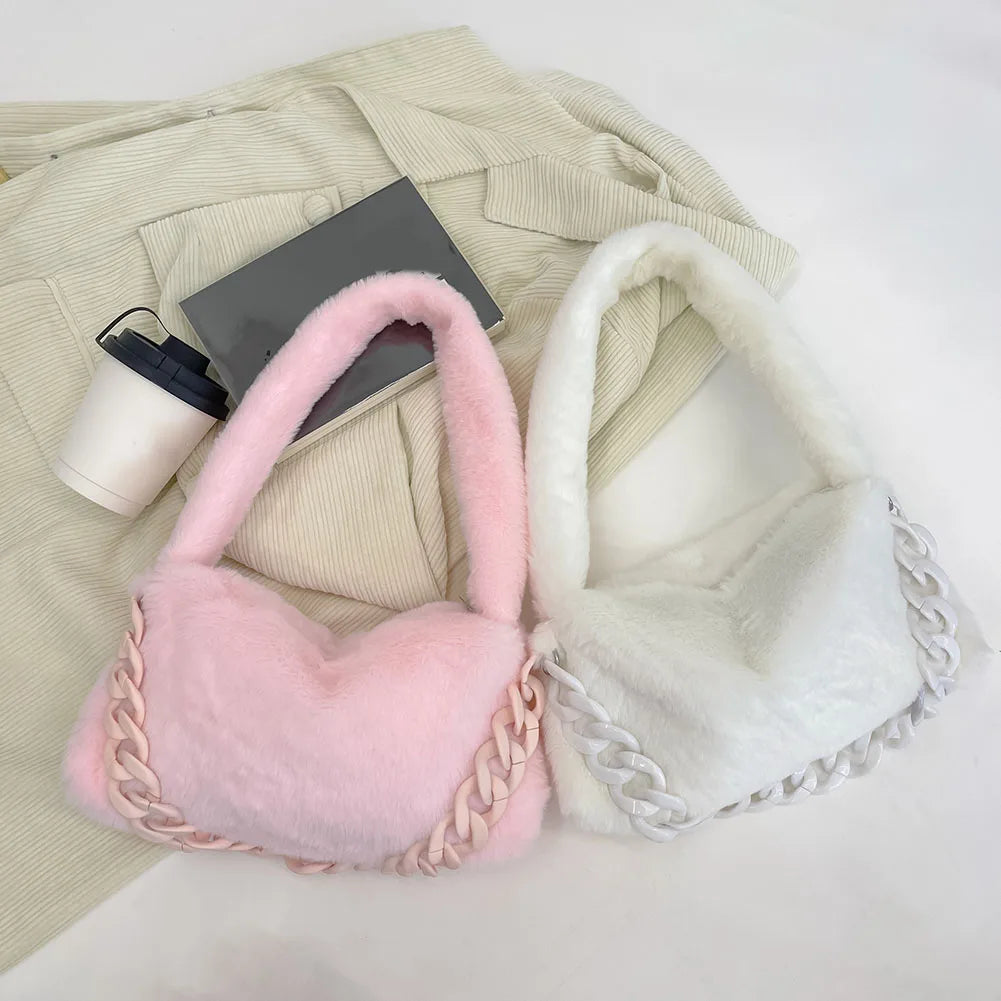 Pink Plush Shoulder Bag Faux Fur Chain Handbag Female Bag