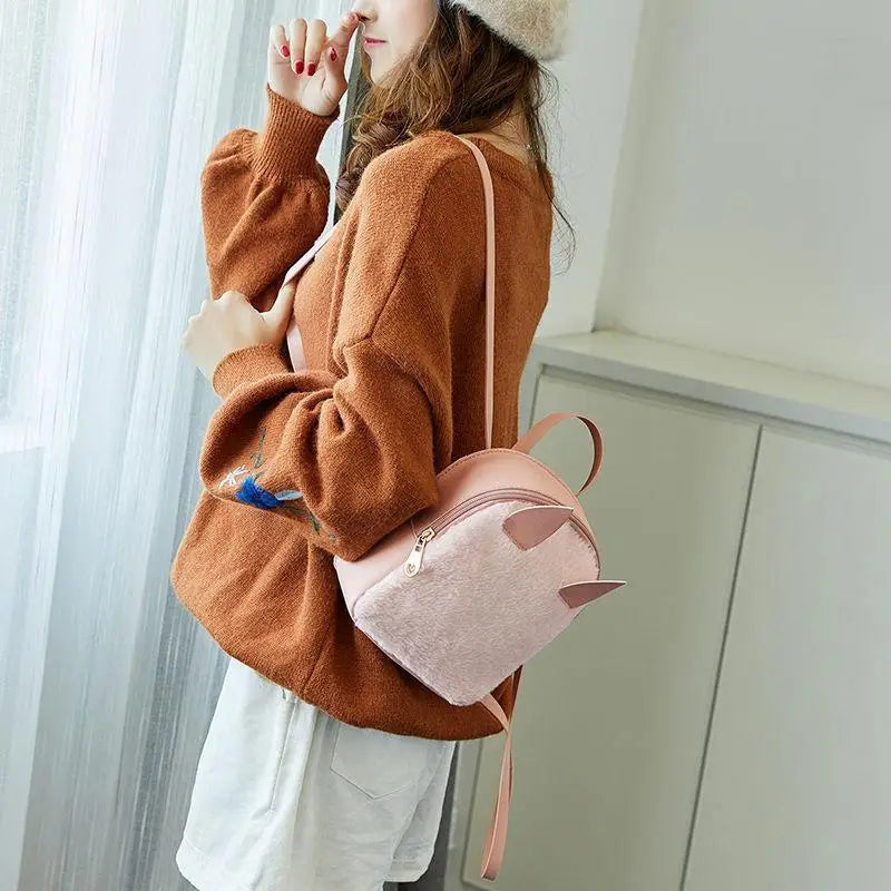 Pink Sweet Backpacks Students Fluffy Patchwork Multi-function Girls