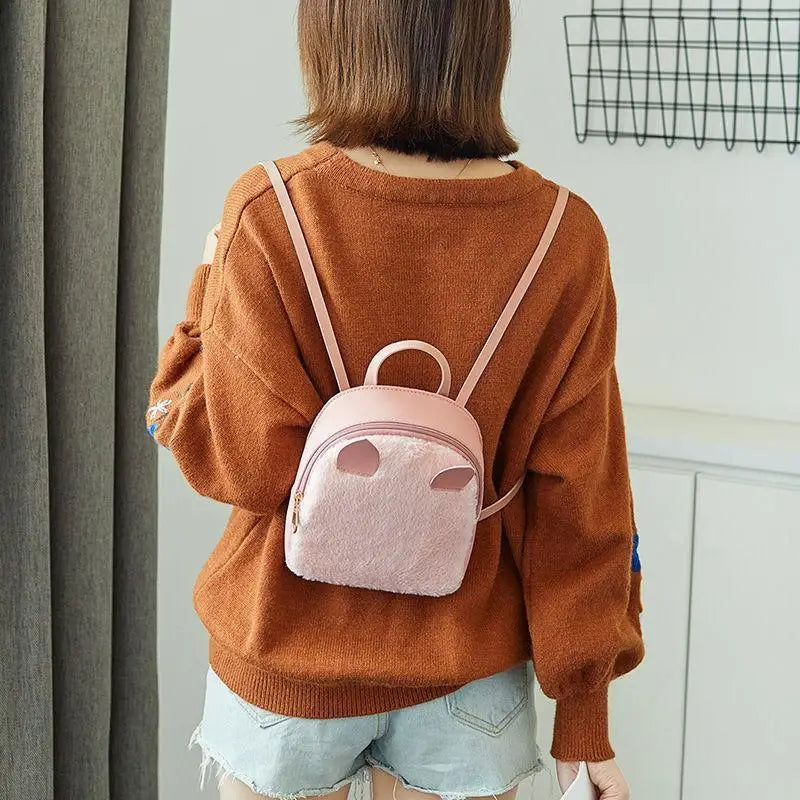 Pink Sweet Backpacks Students Fluffy Patchwork Multi-function Girls