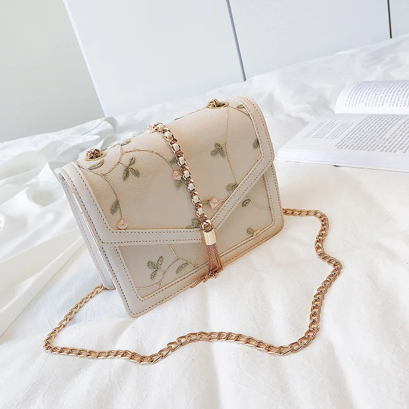 Pink Sweet Crossbody Bag Embroidered Chain Flap Leather