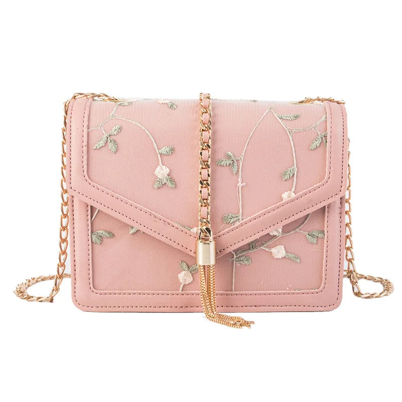 Pink Sweet Crossbody Bag Embroidered Chain Flap Leather